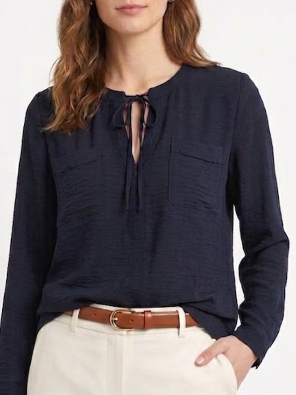 Rebecca Taylor Sophia Blouse Navy Split Neck Tie Front Pleated Pockets Size 12 - Picture 1 of 7